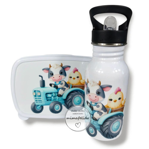 Set aus Jausenbox und Trinkflasche mit einem Traktor blau mit Kuh und Küken bedruckt